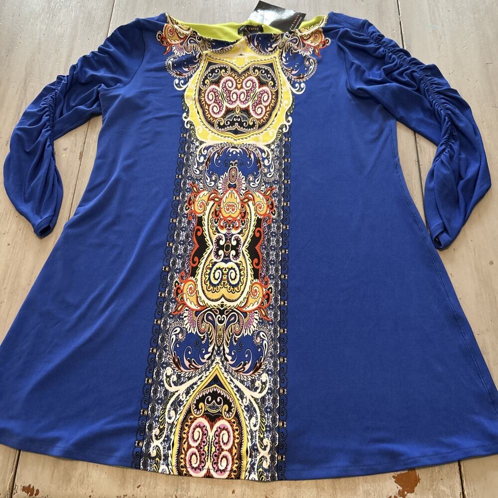 NWT Eva Varro Blue Paisley Gathered Sleeve Tunic Sz L